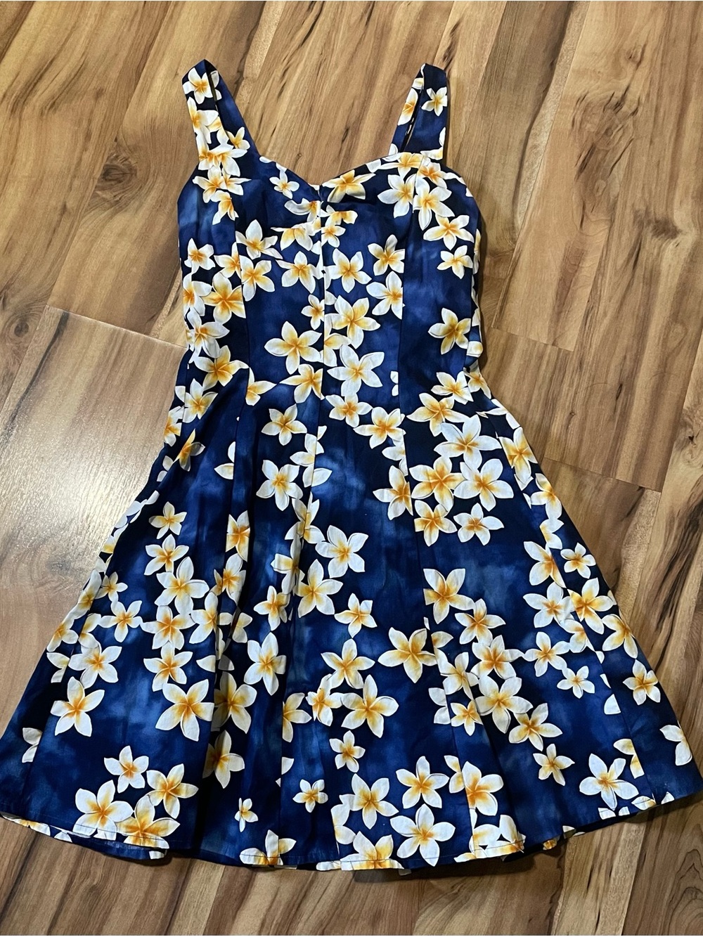 Royal Creations Hawaii Blue Plumeria Floral Pin Up Fit and Flare Mini Dress Sz L